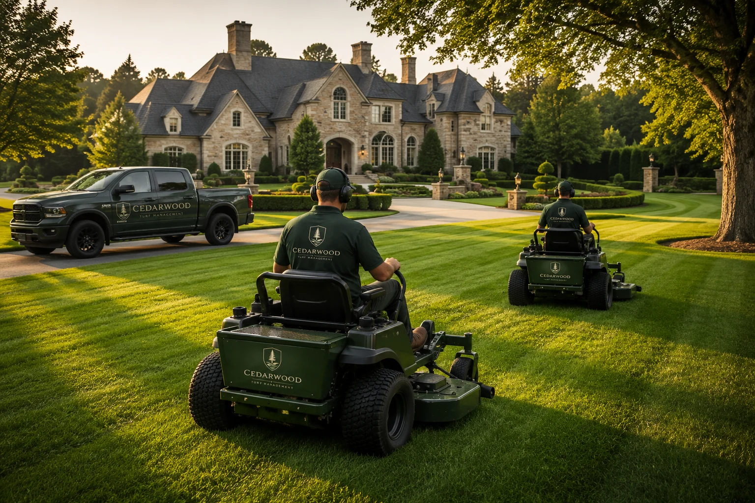 Representative view of a grounds crew maintaining an estate lawn