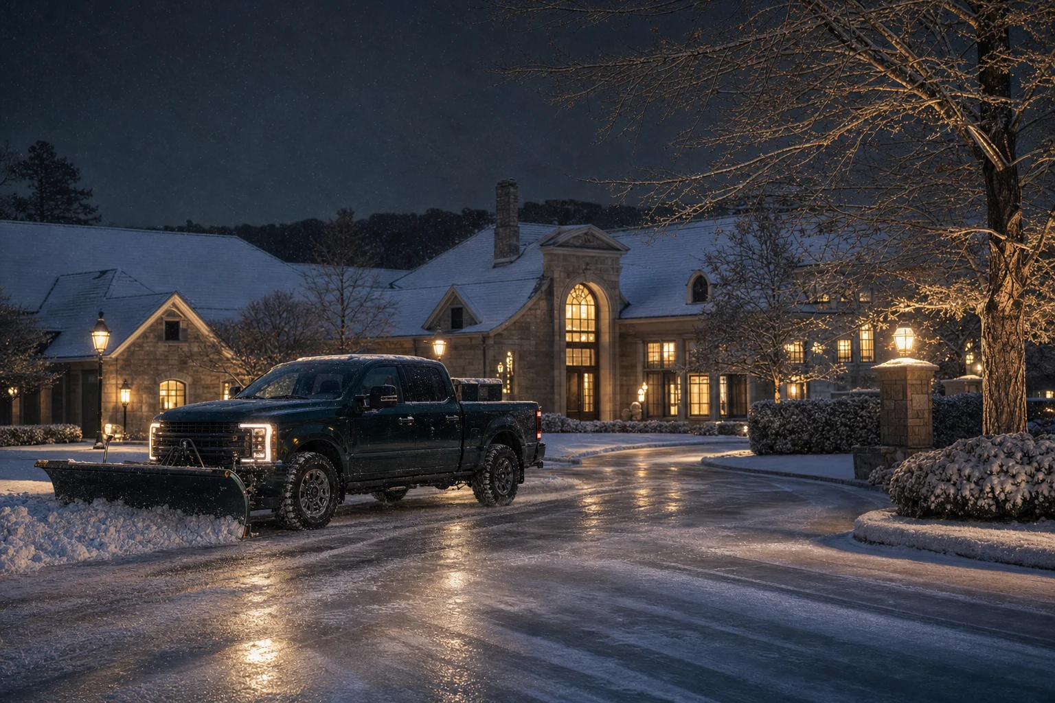 Winter grounds response at a large landscaped property at night
